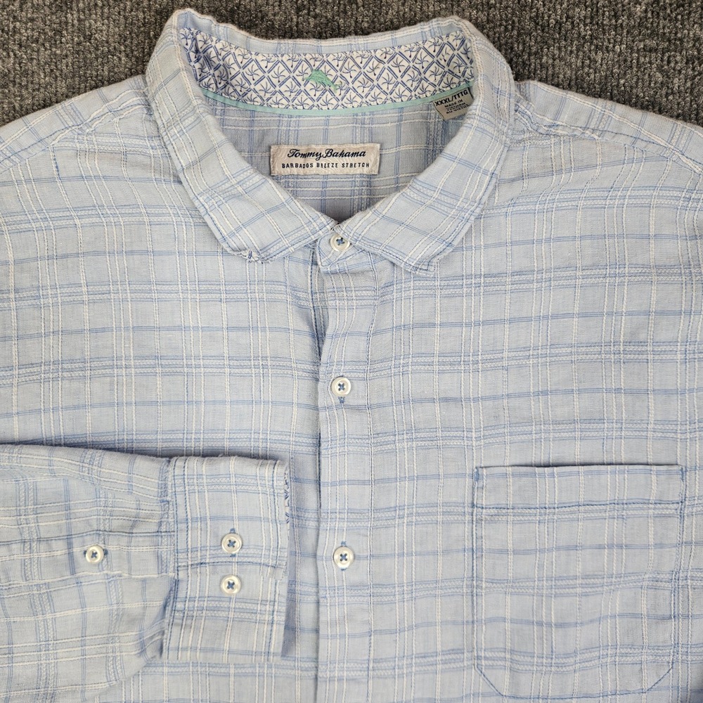 Tommy Bahama Barbados Breeze Linen Shirt Men XXXL Blue Plaid Long Sleeve Stretch